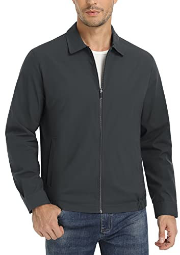 MAGCOMSEN Men's Light Jacket Coat Outdoor Windbreaker Classic Front-Zip Golf Jacket Water Resistant Winter Fall Coat,Dark Grey,L