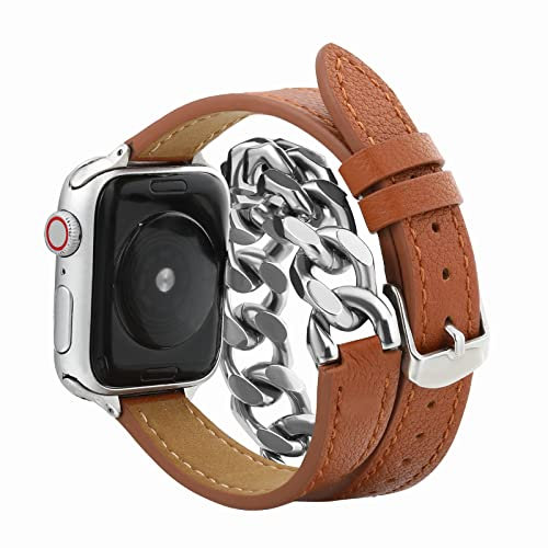 Wingoden Genuine Leather Band Compatible with Apple Watch Band Bracelet 44mm 45mm 49mm 42mm Women Men, Double Tour Wrap Apple Watch Strap Chain iWatch Band Series 9 8 7 6 5 4 3 2 1 SE Ultra 2, Brown