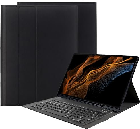 Housse pour Tablette avec Clavier Compatible avec Samsung Galaxy Tab S8 Ultra - Étui Clavier Bluetooth QWERTZ - Noir