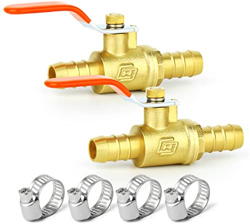 ERGAOBOY 2 Pcs 2 Way 12mm Straight Barb Shut Off Ball Valve, 12mm Hose Barb Switch Brass Ball Valve with 4 Clamps