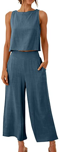 AACH Damen Zweiteilige Outfits Leinen Freizeitanzug Sommer Tank Top und Hose 2 Teiler Hosenanzug Casual Einfarbig Jogginganzug Elegant Leicht Loungewear mit Taschen Strand Leinenanzug