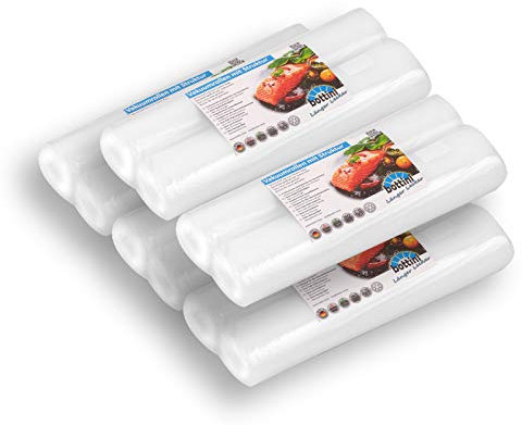 10 x BOTTINI Vakuumrollen goffriert mit Struktur 28x600 cm Sous Vide, Folien in Profiqualität mit Siegelrand und Struktur Vakuumbeutel für alle Vakuumierer