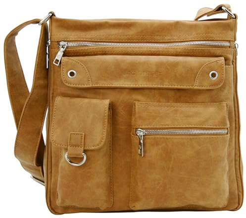 BAG STREET - Damen Handtasche mit vielen Fächern - Vintage Umhängetasche Crossbody Schultertasche - 32 x 32 x 14 cm (Cognac)