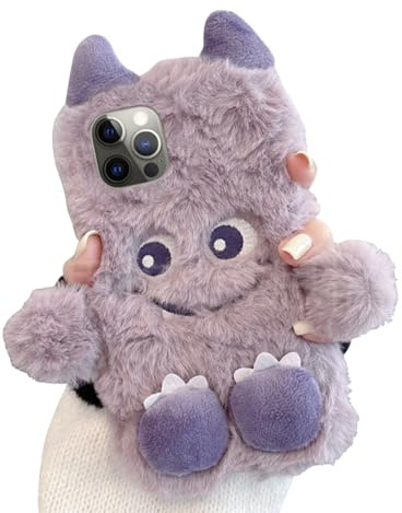 FAOONNMY Pelzige Handyhülle für iPhone 13 Hülle, Kawaii Cartoon Monster Flauschige Plüsch Hülle für Teenager Paar, Weich TPU Warme Plüsch Schutzhülle Stoßfest Kompatibel mit Purple iPhone 13