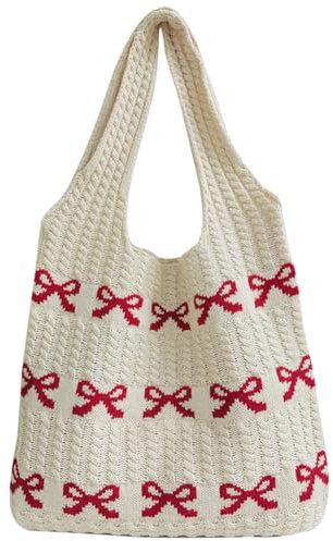 DKIIL NOIYB Gestrickte Umhängetasche Gehäkelte Einkaufstasche Herz Handtasche Hobo Bag Strick Tragetasche Häkeltasche Herz Strandtasche Tote Bag Teenager Mädchen Shopper Tasche (B3-Rot)