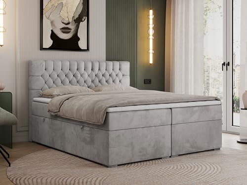 MKS MEBLE Boxspringbett 140x200 cm mit Bettkasten, Premium Multipocket Matratze H4 mit Topper T25, Doppelbett mit Kopfteil PERA - Hellgrau Velvet