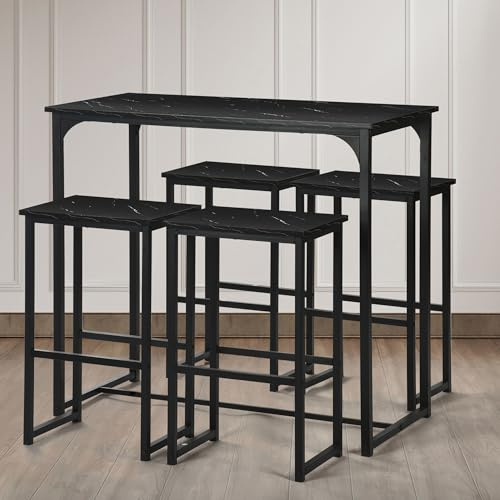 Liink1Ga Bistrotisch mit 4 Stühlen Bistro Set Bartisch mit Barhocker Set, Esstisch mit 4 Stühlen Kleiner Küchentisch Esszimmermöbel Esstisch Hocker Set für 4, Kunstmarmor in Schwarz