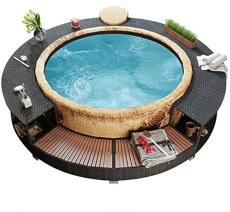 qohoio Whirlpool-Umrandung Schwarz Poly-Rattan Poolumrandung Rund, Pool Verkleidung, Whirlpool Outdoor Umrandung