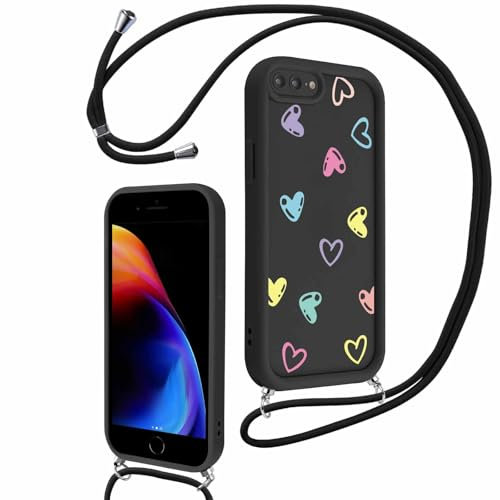 Xylota Handykette für iPhone 7 Plus/8 Plus 5,5'' Hülle mit Band, Silikon Aesthetic Muster Design Handyhülle mit Kette Kordel Schlüsselband, Mädchen Schutzhülle für iPhone 8 Plus zum Umhängen,Liebe