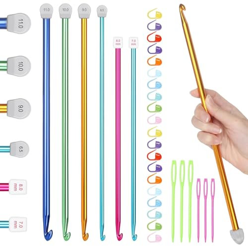 Reessy Tunesische Häkelnadel-Set, 6,5 mm - 11 mm lang, Häkelnadel-Set, Metall, afghanische Häkelnadel-Set für Decken, afghanisches Stricken, große tunesische Häkelprojekte, 32 Stück