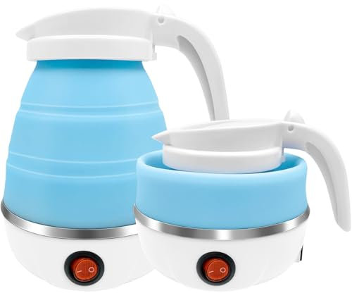 OXNSHEJW Foldable Electric Kettle, Mini Travel Kettle, 600ML Silicone Camping Kettle, Portable Small Kettle Travel, Collapsible Kettle with Separable Power Cord for Outdoor Hiking Camping (Blue)