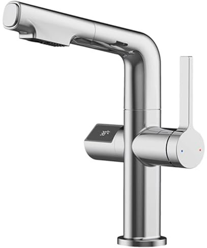 MWYDVHYOT Ausziehbarer Badezimmer-Waschtischarmatur aus Messing mit Temperaturanzeige, 360°-Drehung, 2 Funktionen, Waschbecken-Deckmontage, Einhand-Heiß- und Kalt-Waschtischmischer, Grau(Chrome)