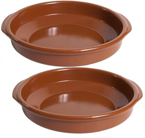 Cazuela de Barro con Asas, Rústica. Apta para Cocina de Gas, Vitrocerámica, Horno, Microondas, Lavavajillas. Set Cazuelas para Bar, Restaurantes, Hostelería (Marrón, 42 cm (2 Unidades))