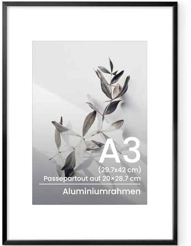 Feihorrm A3 Bilderrahmen Schwarz, Aluminium Din A3 Rahmen mit Glas | Für 29,7x42cm oder 20x28,7cm-Fotos mit Passepartout, Metall Frame für Poster Wandkunstrahmen horizontal oder vertikal