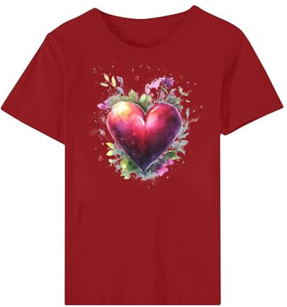 T-shirt pour femme vintage floral rose graphique chemisier décontracté ample col rond chemises de Saint-Valentin haut à manches courtes chemise douce tendance tunique haut tendance pull, 04 Rouge, 3XL