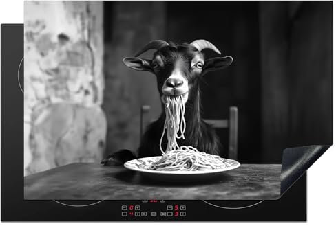 KitchenYeah© Herdabdeckplatte 80x52 cm Einteilig Induktionsmatte Küche Abdeckung Ceranfeld Herd Abdeckplatte Deko Vinyl Matte Aufrollbar Ziege - Teller - Spaghetti - Schwarz und Weiß