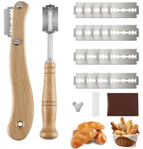 Bäckermesser 2er Set - 20 Ersatzklingen - Teigmesser Set für Gerade und Geschwungene Schnitte, Brotmesser zum Einschneiden von Baguette, Brötch, Brot Backen Zubehör für DIY Brotteig Muster