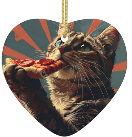 Christbaumkugel in Herzform, Keramik, zum Aufhängen, Motiv: Katze, Pizza, Essen, Weihnachtsschmuck für festliche Party, Neujahr, Weiß