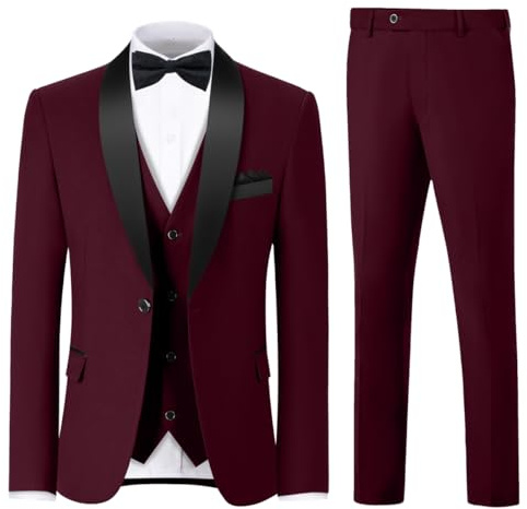 ZKHOECR Herren 3-teiliges Slim-Fit-Anzug-Set mit einem Knopf, Schal, Revers, Jacke, Weste, Hose, Smoking, Set mit Fliege und Einstecktuch