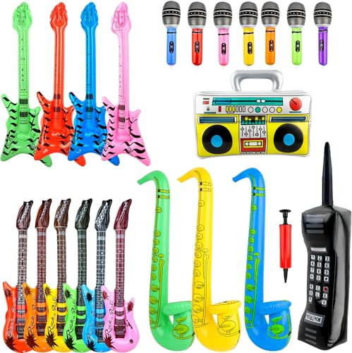Aufblasbares Rockstar-Spielzeug-Set, 6 Gitarren, 7 aufblasbare Mikrofone, 3 Saxophon, 1 Boombox, 1 Handy, 1 Luftpumpe für Karneval, Partygeschenke, Rock-and-Roll-Partyzubehör, 19 Stück