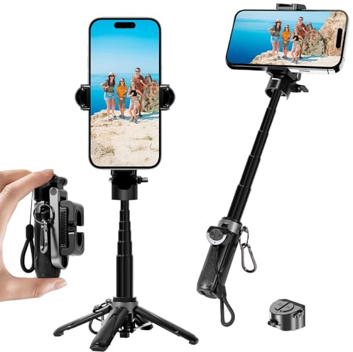 Wenbons Einstellbarer Zoom 4in1 Mini Selfie Stick Stativ, Tragbares Telefonstativ Taschenformat Handy stativ,Stability einziehbares Kompatibel mit iPhone & Android für Vlog/Foto, 2 Kaltschuh 