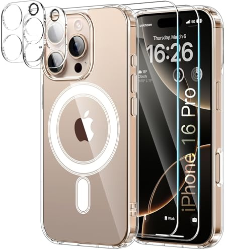 YNMEacc 5 in 1 Magnetic for iPhone 16 Pro Case 6.3-Inch with 2X Screen Protector + 2 Lens Protector, [Compatible with MagSafe] Slim Soft TPU Silicone Shockproof Anti-Scratch Phone Cover - Clear