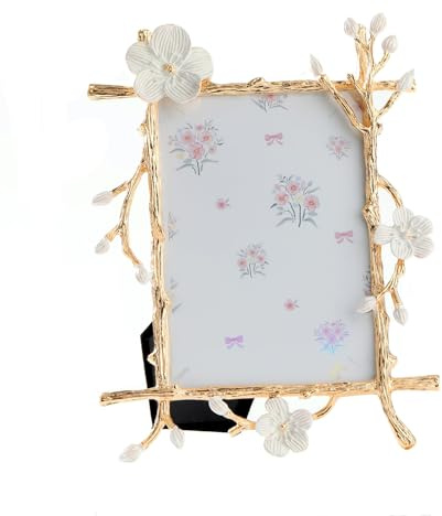 KINBENNOBLE white flower picture frame, 4x6 decorative metal photo frame, gold branches frame with white flower.