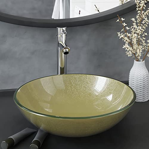 HaoChrymec Aufsatzwaschbecken mit Wasserhahn und Pop-up Ablaufgarnitur, Gold, Gehärtetes Glas, Messing, Zink, Handwaschbecken für Badezimmer, Gäste WC, 42 x 13 cm
