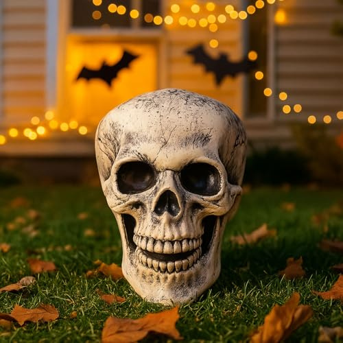 Halloween Deko Skelett Totenkopf, Horror Deko Schädel Gruselig, Realistische Halloween Skeleton Totenköpfe, Grusel Halloweendeko, für Outdoor Garten Rasen Hof Grabstein Draußen Party Dekoration (Kopf)