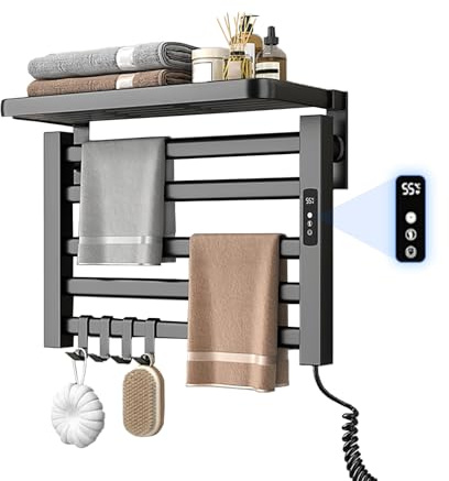Scaldasalviette elettrico piccolo con ripiano, 80 W, radiatore elettrico, temperatura regolabile 30 – 70 °C, 55 x 40 cm, misurazione del tempo 1 – 24 ore (nero)