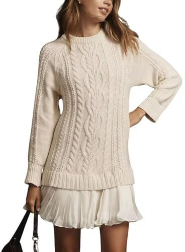 WINKEEY Robe Pull Femme en Maille Torsadée Manches Longues Robe Courte Elégante avec Jupe Plissée en Chiffon, Blanc M
