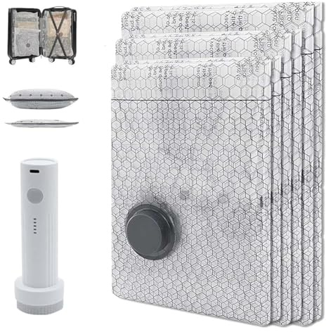 Vibsky Rechargeable Cordless Travel Vacuum Bag Set - Compact Space Saver with USB Charging Pump for Clothing and Bedding, Carry-On Size