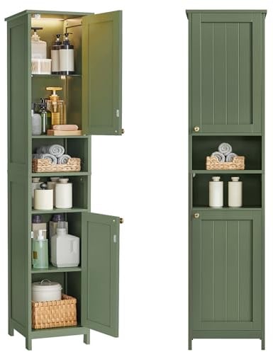 VASAGLE Badezimmerschrank mit Beleuchtung, hoch, 40 cm breit | Aufbewahrungsschrank mit verstellbaren Ablagen, für kleine Räume, Farmhouse, waldgrün, SOFIE Kollektion BBC766CH03