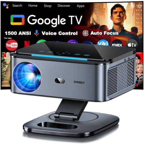 XIWBSY Google TV Videoprojecteur 1500 ANSI Autofokus 4K WiFi6 Official Apps | Projecteur Video 38000 Lumen FHD, Rotation 360°, Live TV, Projecteur Bluetooth Contrôle Vocal, Projector Home Cinéma