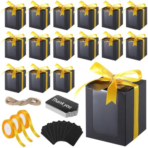 50 Pcs Gift Boxes for Wine Glass, Transparent Window Gift Packaging Boxes for 9 oz Stemless Glass, with Gold Ribbon, Tag Cards and Hemp Rope, for Wedding Birthday Party Use