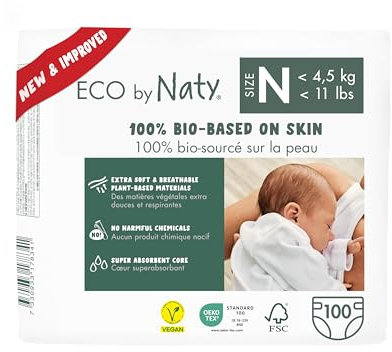 Eco by Naty Baby Nappies Newborn - 100% Plant-Based Materials on Skin, Soft, for Sensitive Skin & Super Absorbent (Size N, 100 Count)