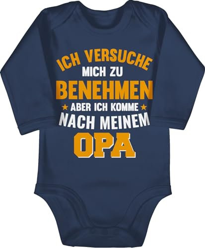 Shirtracer Baby Body langarm Mädchen Junge - Sprüche - Ich versuche mich zu benehmen aber ich komme nach meinem Opa orange - 3/6 Monate - Navy Blau - großeltern strampler babygeschenke spruch grandpa