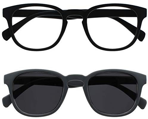 OPULIZE POP Reading Glasses and Reading SunGlasses for Women Men,Retro Round, Smooth Matt Black, Grey Sun +2.00 (Pack of 2)