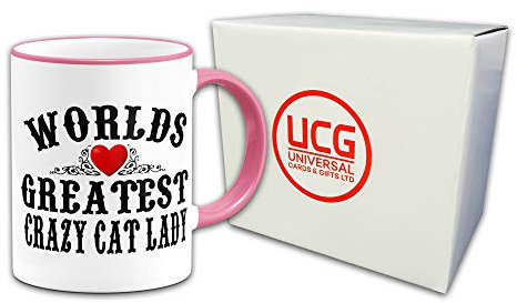 Worlds Greatest Crazy Cat Lady Novelty Gift Mug - Pink Handle & Rim