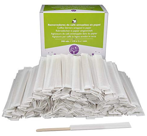 500 Agitateurs à café en bois emballés dans du papier 11 cm. Bâtonnets à café jetables, agitateurs de café biodégradables. Palettes à café