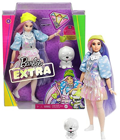 Barbie GVR05 - Extra Puppe, schimmernder Look mit Hündchen, pinken und lila Fantasiehaaren, mehrschichtigem Outfit,bewegliche Gelenke, Geschenk für Kinder ab 3 Jahren