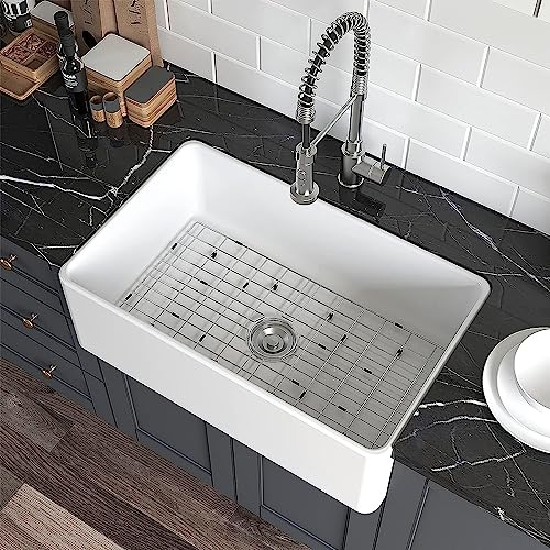 HOROW Fregadero blanco granja, 76,2 cm para fregadero de cocina, delantal, porcelana, cerámica, reversible, solo cuenco, fregadero de cocina, granja