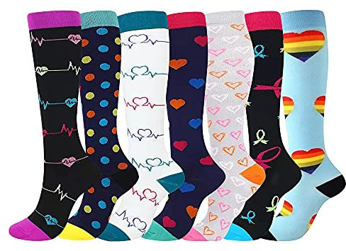 Kompressionsstrümpfe für Damen und Herren, 7 Paar Medizinische Kompressionsstrümpfe 15-20 mmHg Bunte Stützsocken für Sport, Krampfadern, Laufen, Radfahren, Wandern, Flugreisen, Stillen