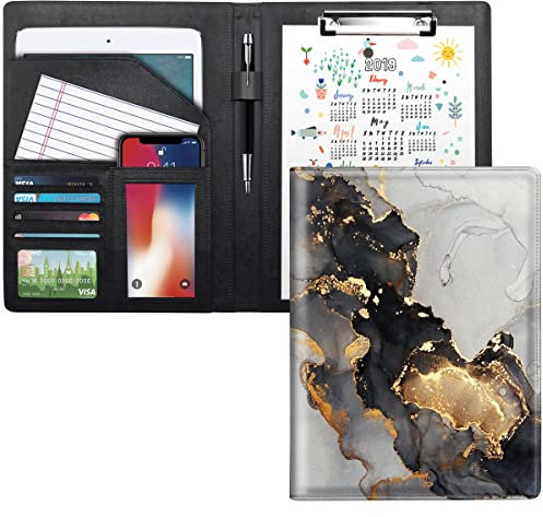 WAVEYU Padfolio Business/Resume Portfolio-Mappe, Marmor-Leder, Interview-Portfolio, Business-Portfolio-Organizer mit Legal-Block, Klemmbrett, Intervie-Mappe für Männer/Frauen, schwarz + gold