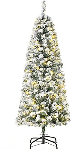 HOMCOM 5FT Prelit Artificial Snow Flocked Christmas Tree with Warm White LED Light, Holiday Home Xmas Decoration, Green White