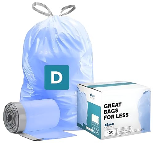 Plasticplace Custom Fit Rubbish Bags, Simplehuman Code D Compatible, Tinted Blue Drawstring Rubbish Liners 5.3 Gallon, 15.75 x 28, 100 Count