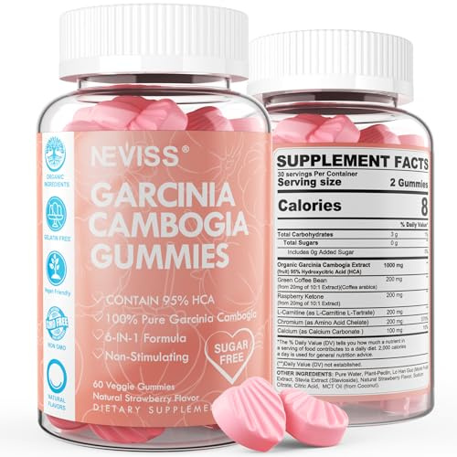 Sugar Free Garcinia Cambogia Gummies 1000mg 95% HCA Pure Extract with L-Carnitine, Raspberry Ketone, Chromium, Green Coffee Bean for Metabolism, 100% Organic Extract, Vegan, Strawberry Flavor 60 Cts