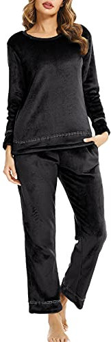 Migcaput Pigiama da Donna Lungo in Pile Set Pigiama Caldo Abbigliamento da Casa Invernale Morbido Loungewear con Tasche Nero L