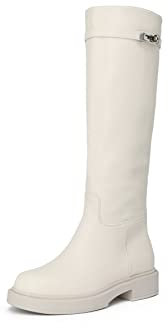 QUEEN HELENA Stivali con Tacco Basso Plateau Semplici Casual con Zip Laterale Alti Donna X27-184 (Beige, Numeric_40)