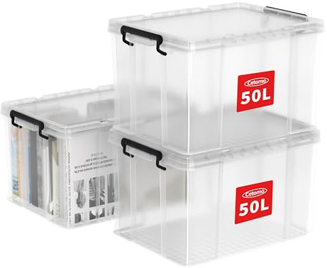 Cetomo 50L*3 Storage Boxes, Stackable Storage Box with Lids, Heavy-Duty Lidded Container with Reinforced Corners, Vertical Sides and Clip Closure, Durable, Plastic, Clear, 50L-3Pack